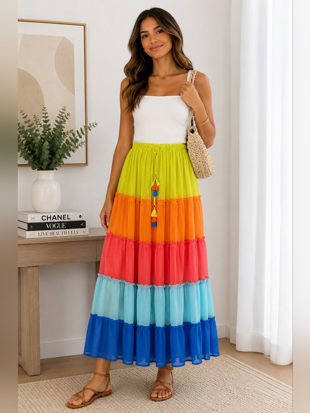 Bleu Rod Beattie Colorblock Tassel Maxi Skirt in Lime, Coral & Blue